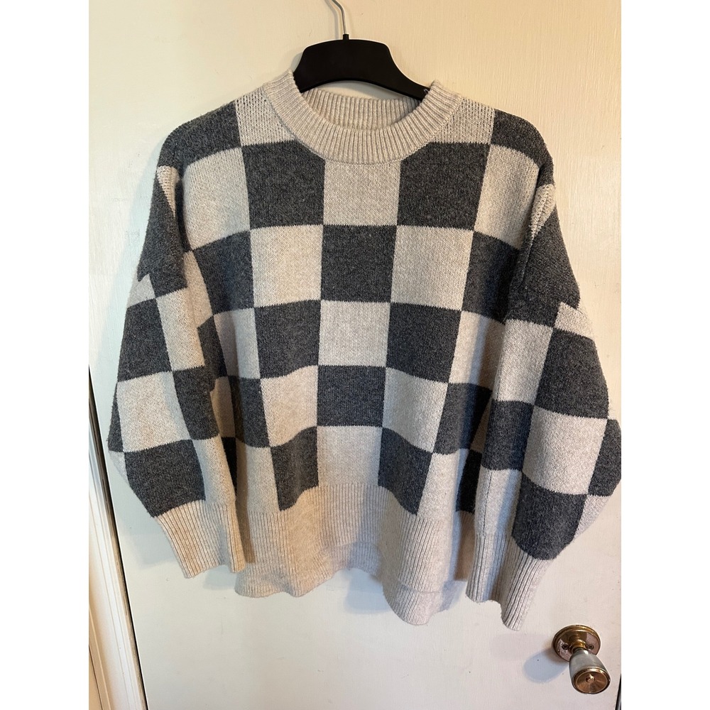 Moon & Madison Grey Cream‎ Checkerboard Knit Sweater Crew Neck Womens Small